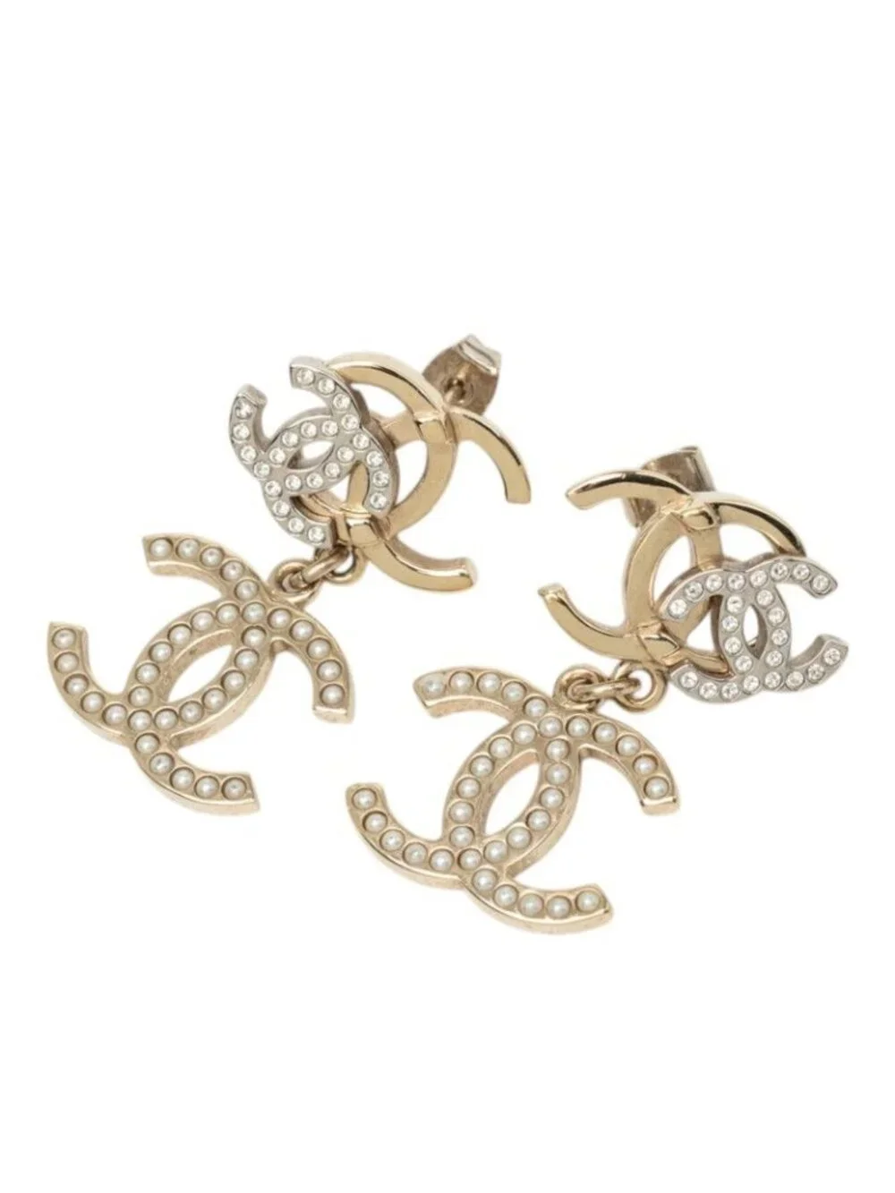 Chanel CC Logo Earrings Gold Metal Rhinestone Faux Pearl